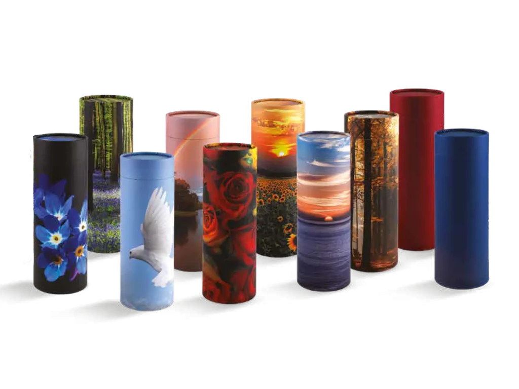 Range of scatter tubes in various colours and photographic designs