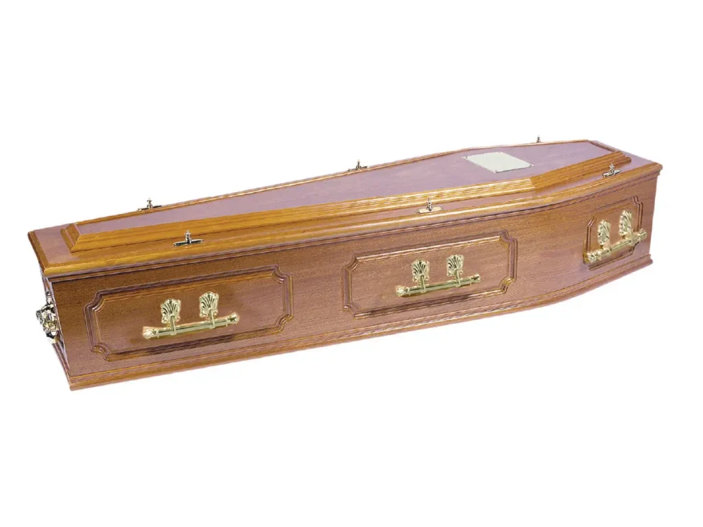 Bamburgh solid redwood coffin with high gloss raised lid finish