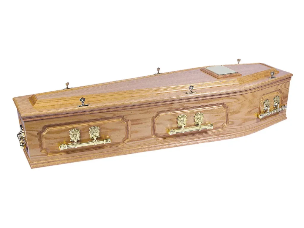Barnard solid oak coffin with deep panel sides and high raised lid