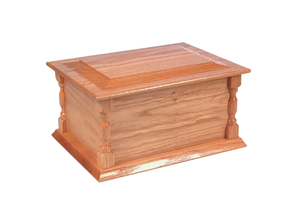 Bede oak ashes casket with turned corner pillars