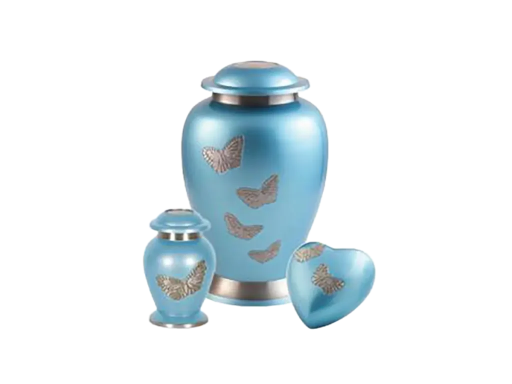 Blue butterfly design ashes urn, available in large, keepsake and heart sizes