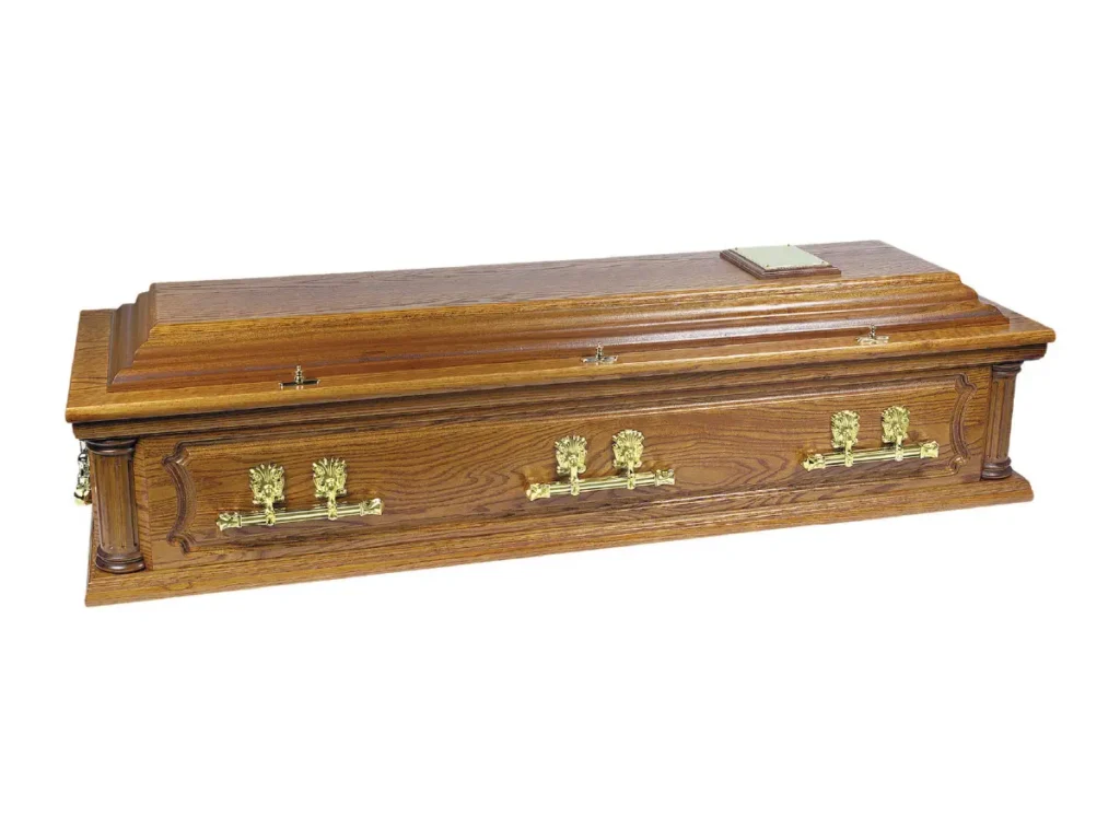 Canterbury solid oak English casket with decorative corner pillars