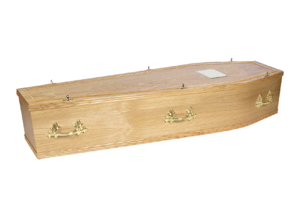 Conway oak veneer coffin with half wreath lid mould