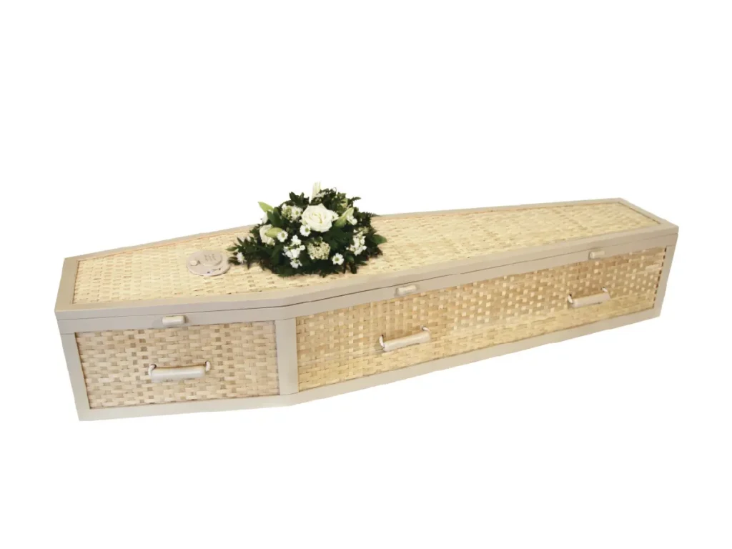 Daisy Bamboo woven coffin with hand woven bamboo outer panels