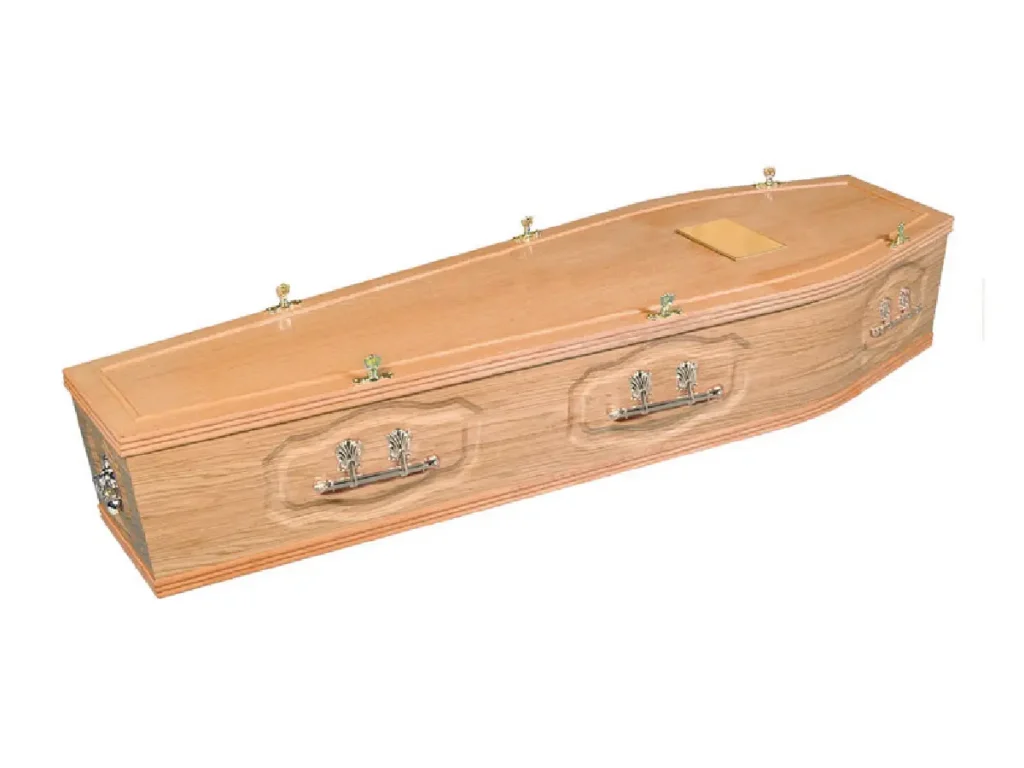 Guisborough oak veneer coffin with Jacobean embossed panel sides