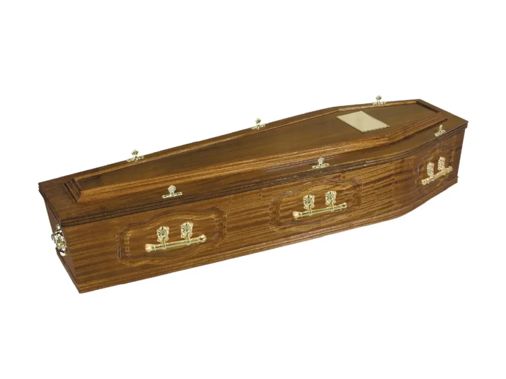 Hamsterley mahogany veneer coffin with raised lid in golden mahogany finish