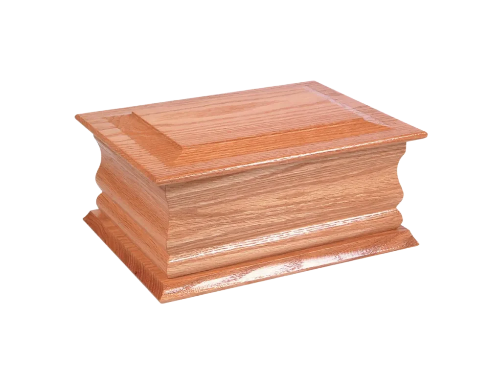 Hilda oak ashes casket with shaped base and lid