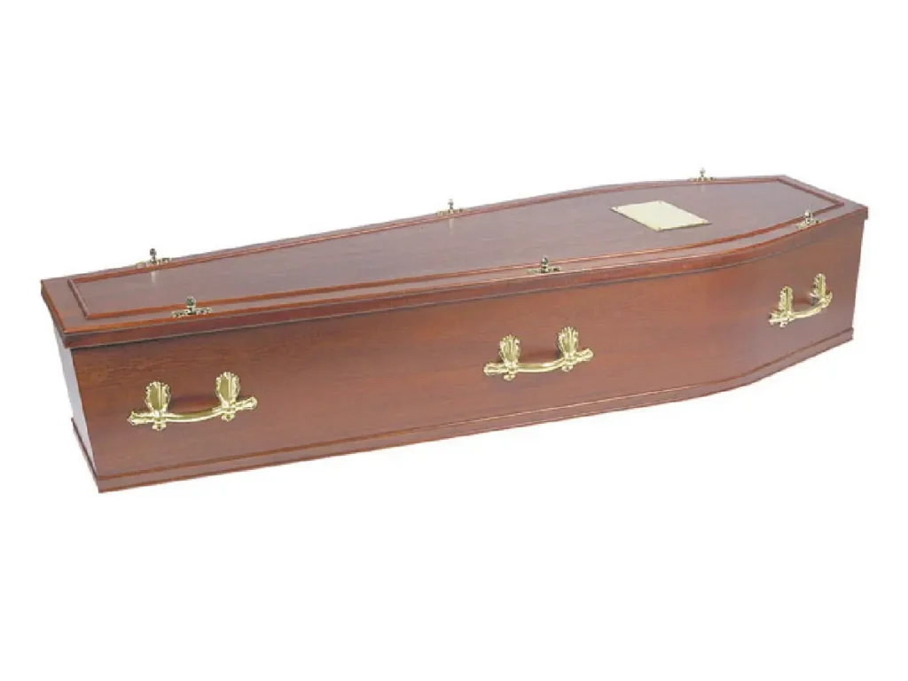 Kilmarnock mahogany veneer coffin with half round lid mould