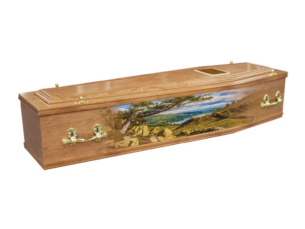 Mitford printed coffin with custom photographic design on oak effect wood