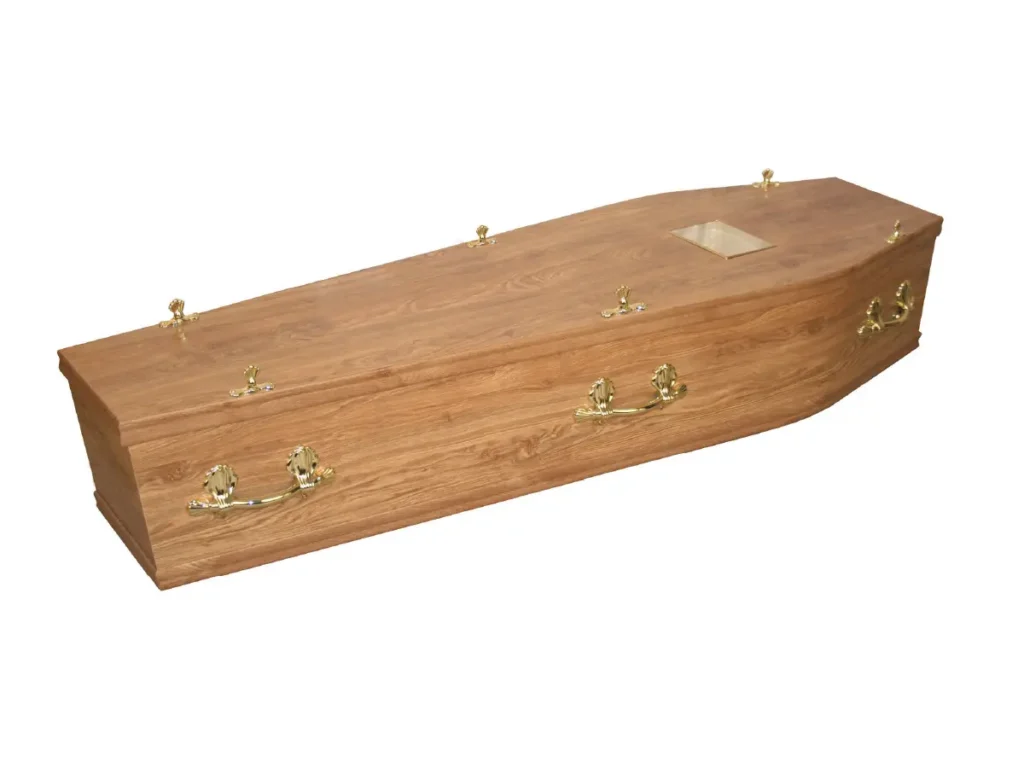 Morpeth light oak veneer coffin with matching moulds