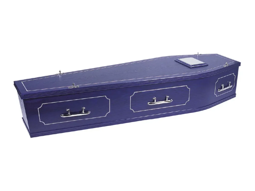 Oxford oak veneer coffin in custom colour with engraved panel details