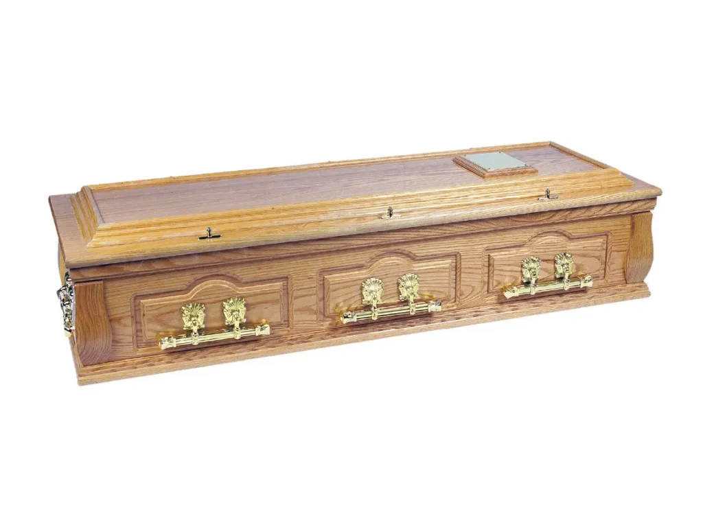 Ripon solid oak casket with corner pillars and swing raised lid