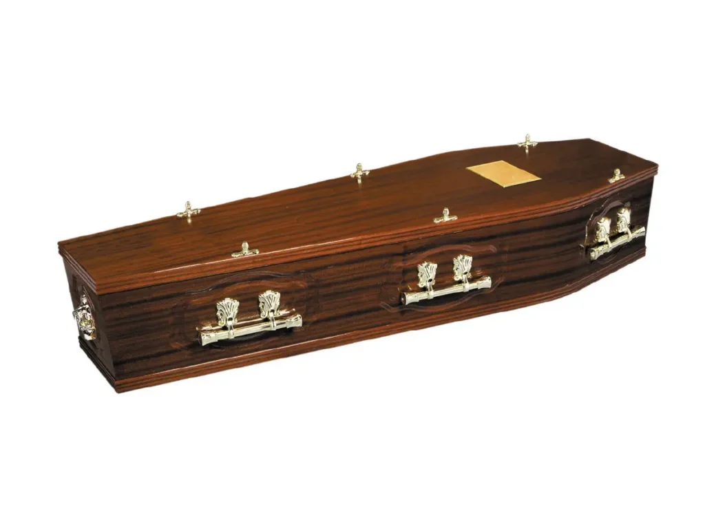 Stanhope mahogany veneer coffin with double moulded Jacobean panels
