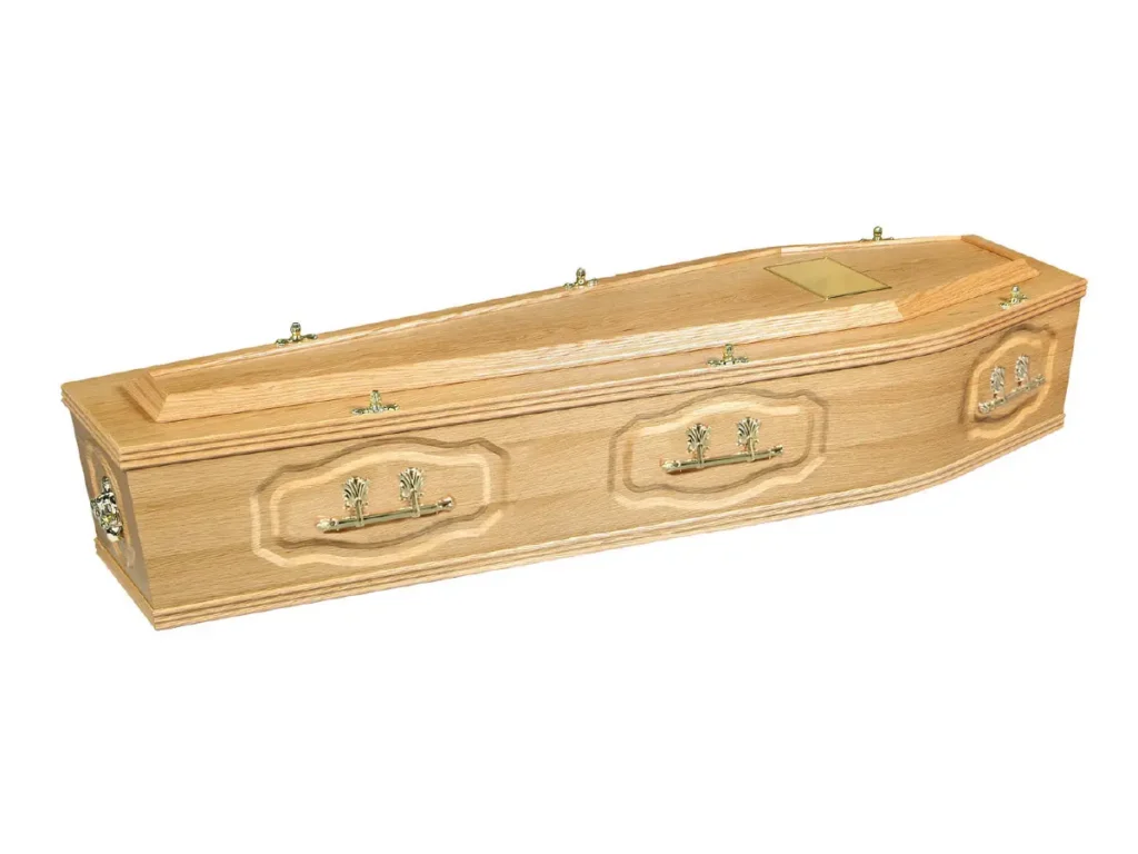 York oak veneer coffin with raised lid and Jacobean panel sides